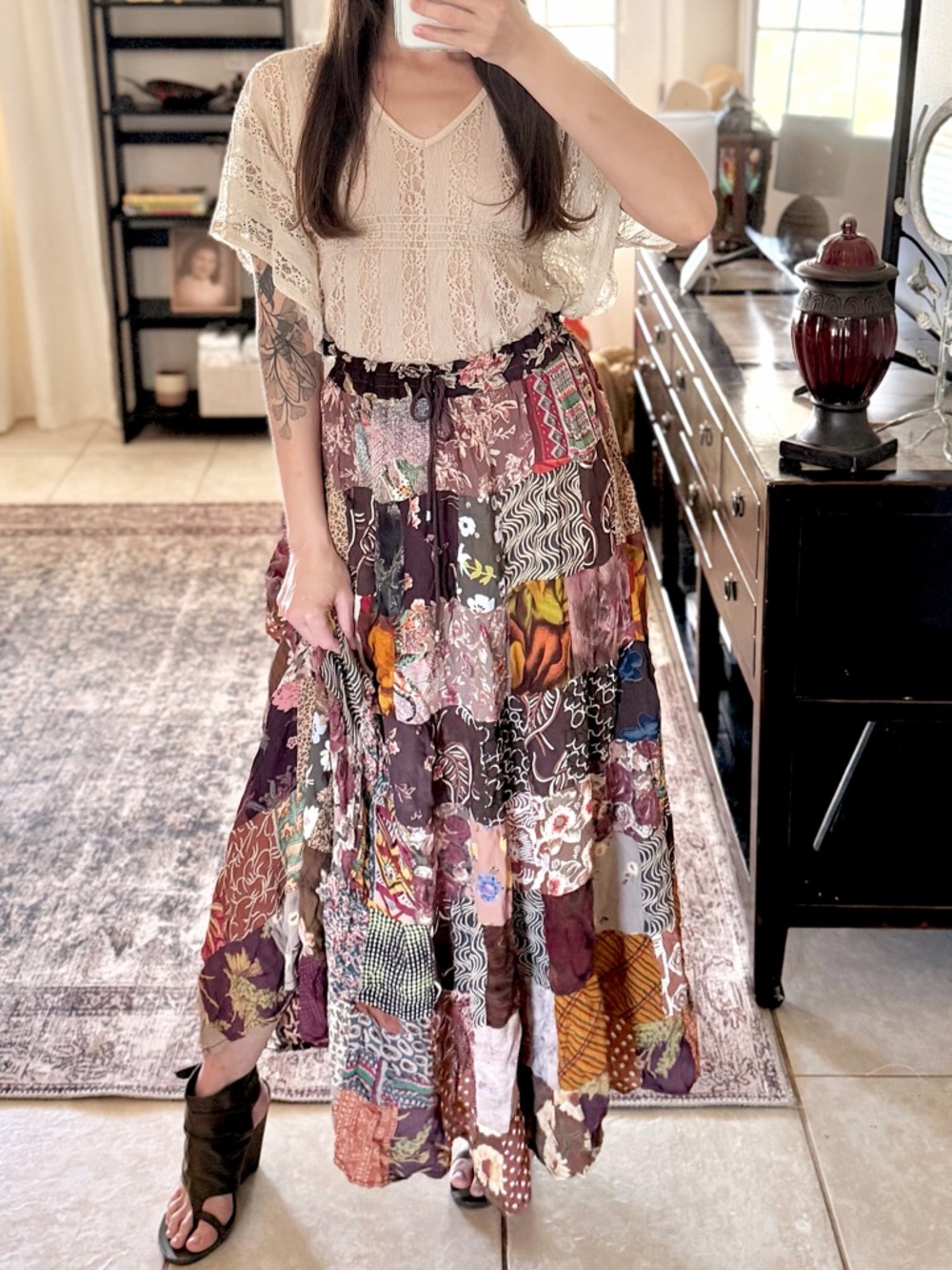 Vintage Patchwork Maxi Skirt Boho Festival Cottagecore Free Size Drawstring